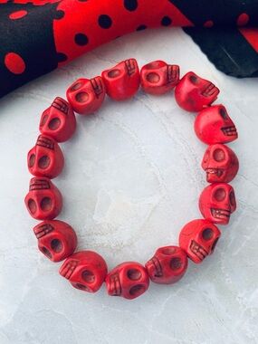 Red Skull Stone Bead Stretch Bracelet